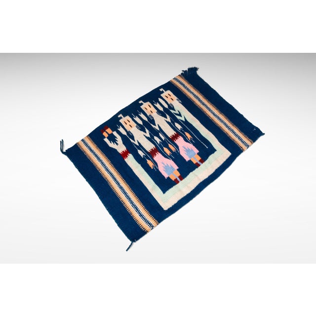 Native American Vintage Native American Navajo Yei Hand-Woven Tapestry Throw Rug Wall Folk Art in Wool, Usa, C. 1970s For Sale - Image 3 of 18