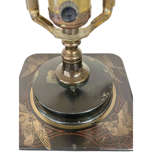 Mid 20th Century Pair Frederick Cooper Style Black Chinoiserie English Tin Tea Caddy Lamps With Original Shades For Sale - Image 6 of 18
