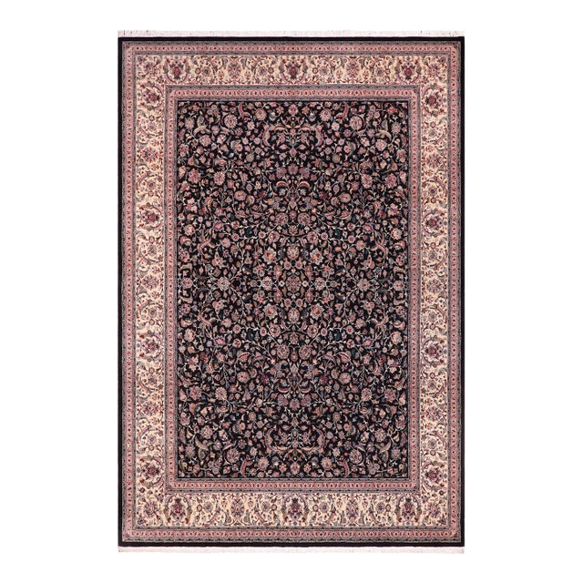 Shabby Chic 1990's Floral Pak-Persian Black/Ivory Wool Rug - 9'1'' X 12'1'' For Sale