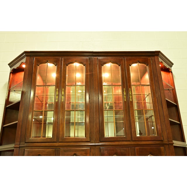 Brown Thomasville Georgian Carved Cherry Wood Lighted Breakfront Bookcase or Display Cabinet For Sale - Image 8 of 13