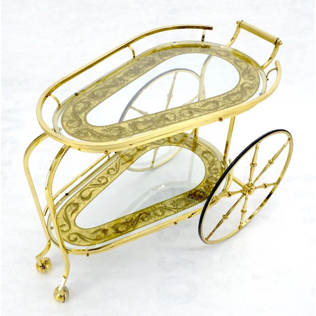 Brass Etched Glass Mid Century Modern Serving Bar Cart Wagon Style Wheels MINT