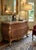 ​Vintage French Provincial, British Colonial Wicker & Gilt 3 Drawer Bombe Commode Chest With Marble Top For Sale - Image 9 of 14