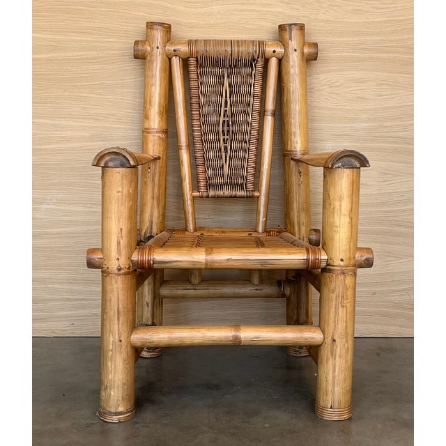 Wood Set of Large Bamboo Pagoda Lounge Chairs in the style of Budji Layug, 1960 For Sale - Image 7 of 16
