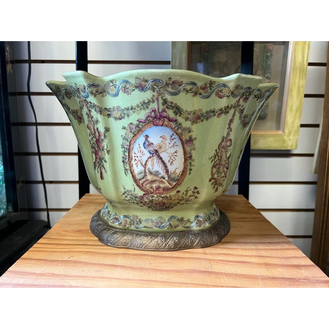 Antique Green Pheasant Bird and Floral Garland Porcelain Bowl / Brass Footed Cache Pot / Jardiniere For Sale - Image 4 of 6