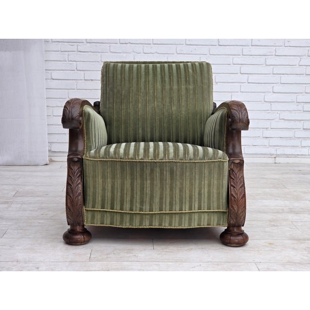 Vintage Danish Carved Oak Lounge Chair with Green Velour Upholstery, 1950s For Sale - Image 14 of 18