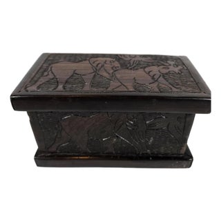 Vintage Hand-Carved Dark Wood Elephant Trinket Jewelry Box Hinged Safari Decor For Sale