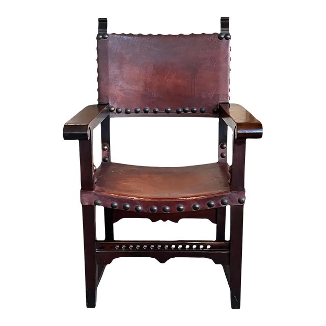 19th Century Spanish Colonial Altar Carved Armchair With Leather Seat and Back For Sale