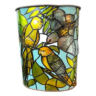 Vintage j.l. Clark Faux Stained Glass Bird & Foliage Metal Wastebasket, 1960s–70s For Sale