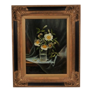 Antique Oil Painting Signed Artist's Study of Cherokee Roses in a Glass For Sale
