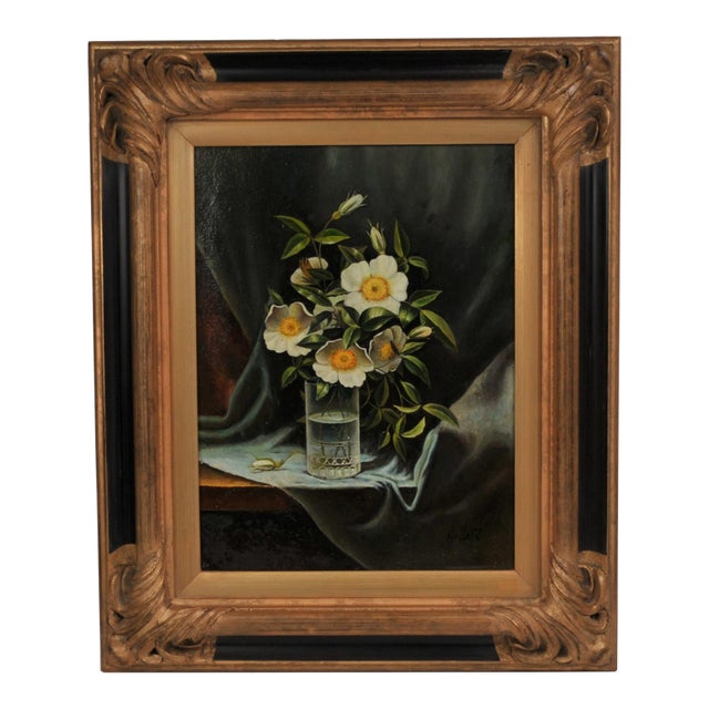 Antique Oil Painting Signed Artist's Study of Cherokee Roses in a Glass For Sale