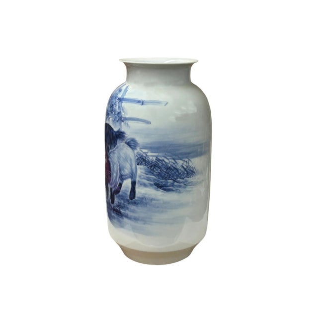 Chinese Blue White Handpaint San Yang Kai Tai Scenery Porcelain Vase For Sale - Image 4 of 14