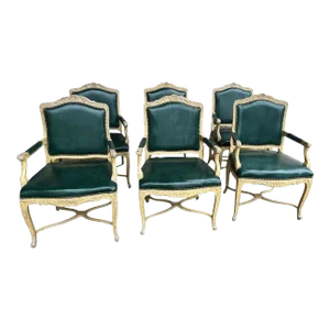 Vintage French Louis XV Fauteuils With Leather Upholstery and Distressed Finish - Late 20th Century