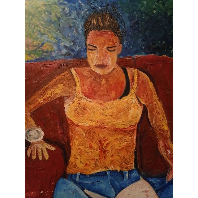 This oil painting features a rich interplay of vibrant pigments and earthy tones—ranging from deep burnt umbers to...