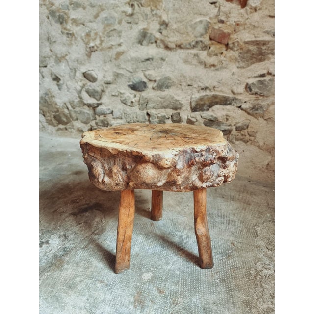 Brown Brutalist French Burled Cherrywood Stool Primitive Milking Stool, 1890s For Sale - Image 8 of 11