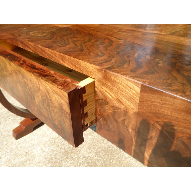 A bespoke desk in flaming crotch walnut. Rich w/h figured grain, swirl, curl, burl and marbling patterns laid up in a book...