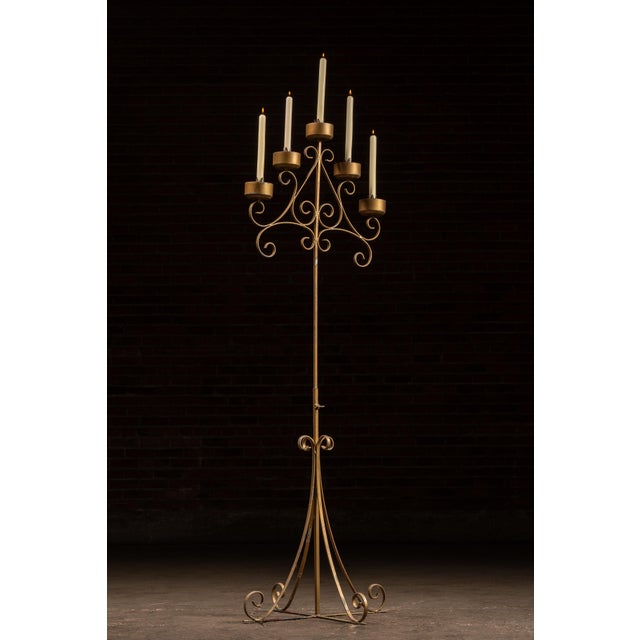 Gothic Mid 20th Century 5-Candle Wrought Iron Floor Candelabra For Sale - Image 3 of 11