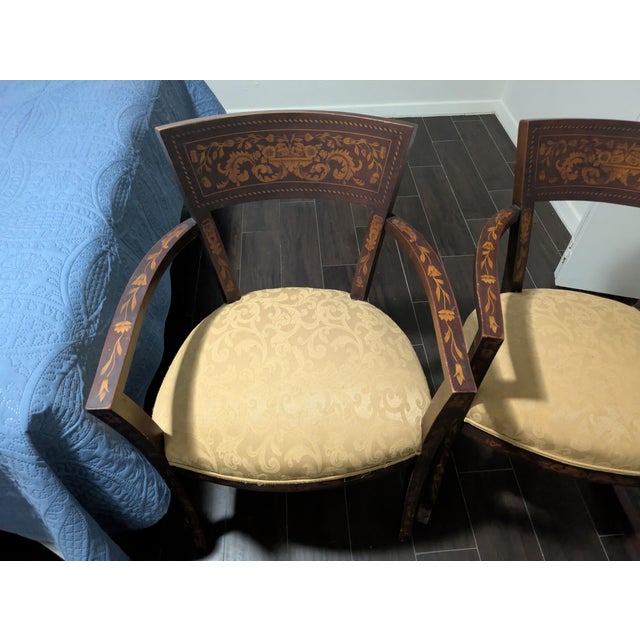 Mid 19th Century Pair 19th Century Dutch Marquetry Inlaid Mahogany Upholstered Armchairs For Sale - Image 5 of 12
