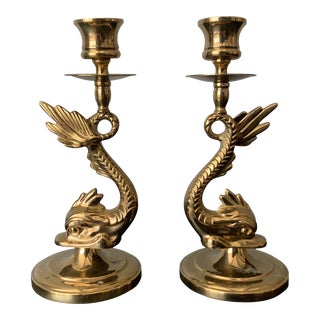 Mid 20th Century Asian Brass Finish Metal Koi Taper Candle Holders, A Pair For Sale