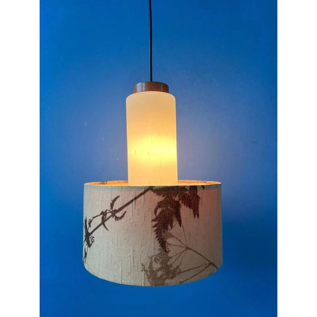 Mid-Century Opaline Glass Pendant Lamp with Beige Fabric Jungle Shade For Sale - Image 4 of 11