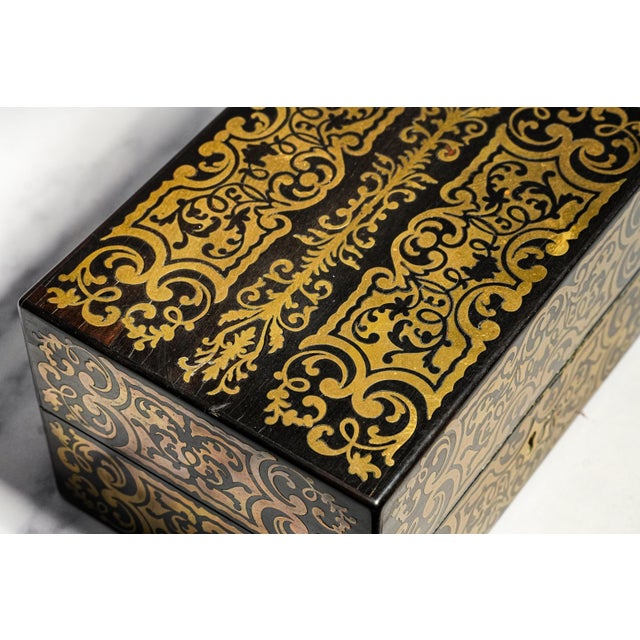 Stately Victorian Antique Ebonized Wood & Brass Boulle Inlaid Lady’s Dressing Box With Sterling Silver Crystal Bottles Home Decor For Sale - Image 4 of 18