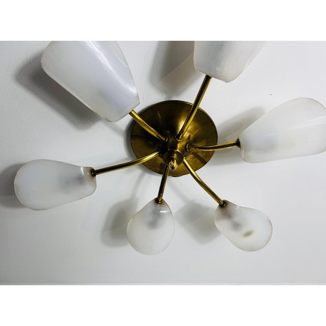 White Italian Midcentury Brass 6-Arm Sputnik Chandelier, 1950s For Sale - Image 8 of 10