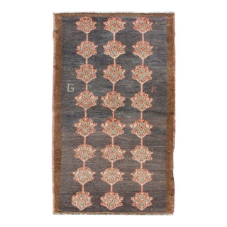 Vintage Turkish Tulu Rug With Three Rows of Flowers on Gray & Charcoal Field For Sale