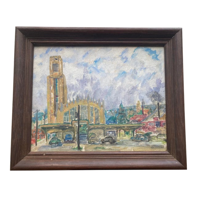 1940's French Impressionist Cityscape Oil Painting on Board by Genevieve Pezet For Sale