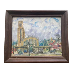 1940's French Impressionist Cityscape Oil Painting on Board by Genevieve Pezet