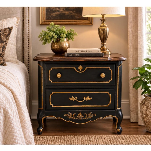French Provincial Early 20th Century Stanley Furniture French Provincial Nightstand in Satin Walnut, Onyx Black & Gilded Gold For Sale - Image 3 of 3