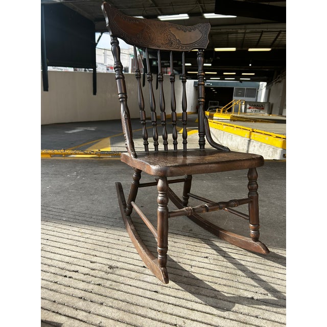 Early 1900s Oak Spindle Back Rocking Chair For Sale - Image 4 of 8