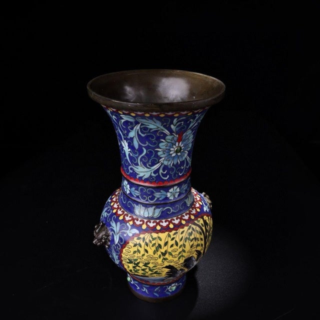 Pair of Chinese Cloisonné "Crane & Willow" Vases With Beast Handles - 15.8 LBS For Sale - Image 4 of 9