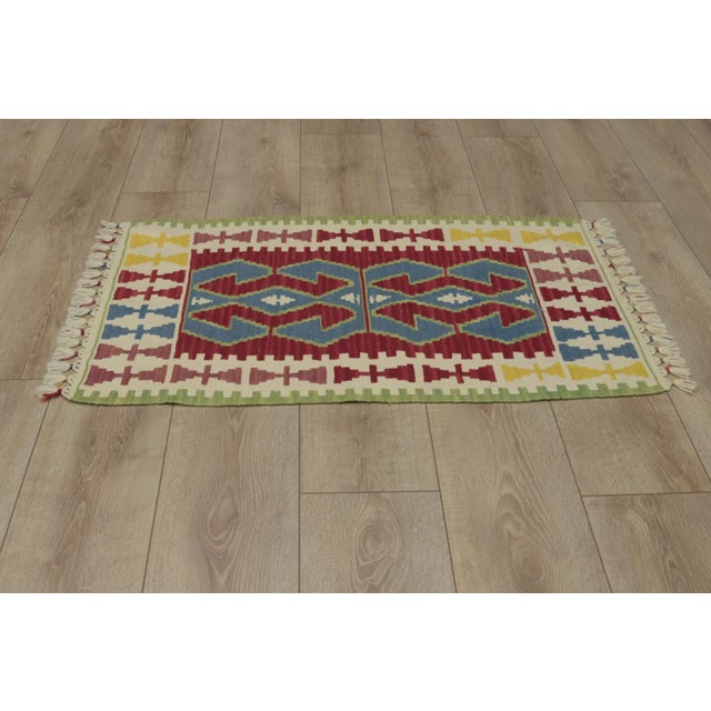 1960s Turkish Geometric Red and Blue Hand Knotted Kilim Rug For Sale - Image 10 of 13