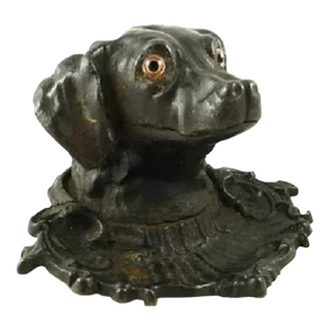 Antique Dog Novelty Inkwell with Glass Eyes & Pen Tray Victorian C 1875