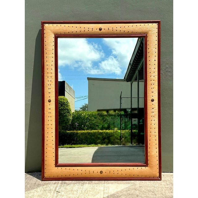 Vintage Seagrass Studded Wood Floor Mirror For Sale In West Palm - Image 6 of 15