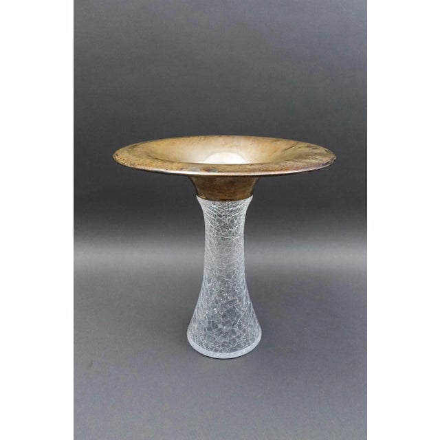 Vetri Murano Italy Signed Flared Sterling Silver Rim Crackle Glass Vase. Measures approximately 12 1/2" diameter, 12" high.