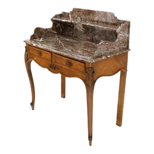 French Satin Wood Marble Top Two Drawers Console Hall Table Writing Desk