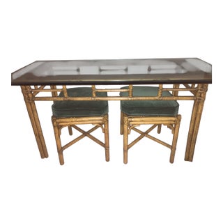 1970s McGuire Bamboo Console Table With a Glass Top & Two Matching Stools . For Sale