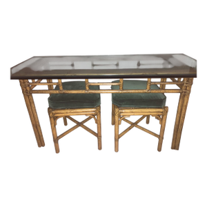 1970s McGuire Bamboo Console Table With a Glass Top & Two Matching Stools .