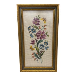 Vintage Floral and Butterfly Needlepoint Framed Art For Sale