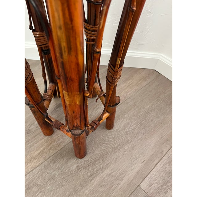 Mid-Century Modern Vintage-Style Burnt Bamboo and Rattan Plant Stand -Accent Drink Side Table For Sale - Image 3 of 12