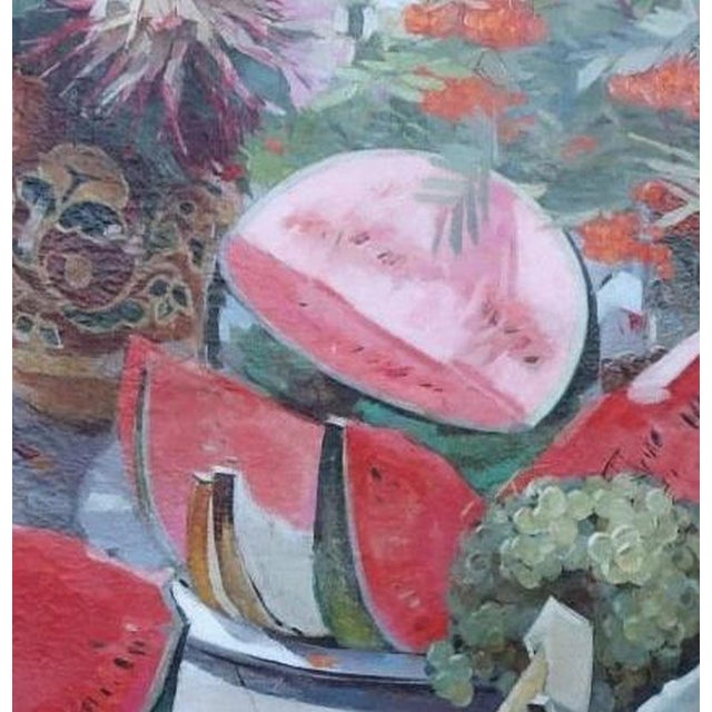 Realism Vintage Still-Life Oil Painting: Flowers and Watermelon, Ukrainian Art 1970s For Sale - Image 3 of 6