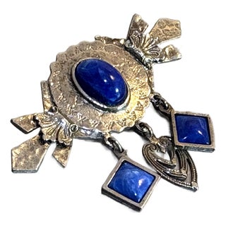 Native American Style Silver Tone / Lapis Dangle Brooch For Sale