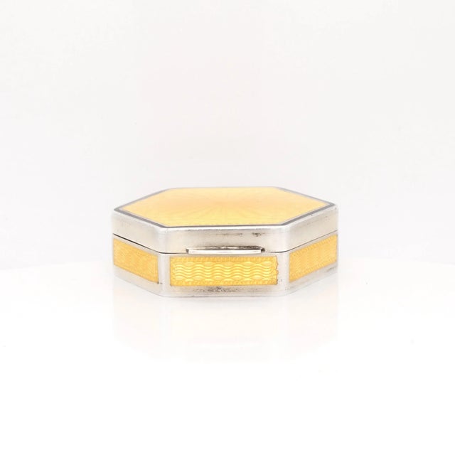 Yellow Antique Austrian Art Deco Guilloche Enamel & Sterling Silver Compact / Pill Box For Sale - Image 8 of 13