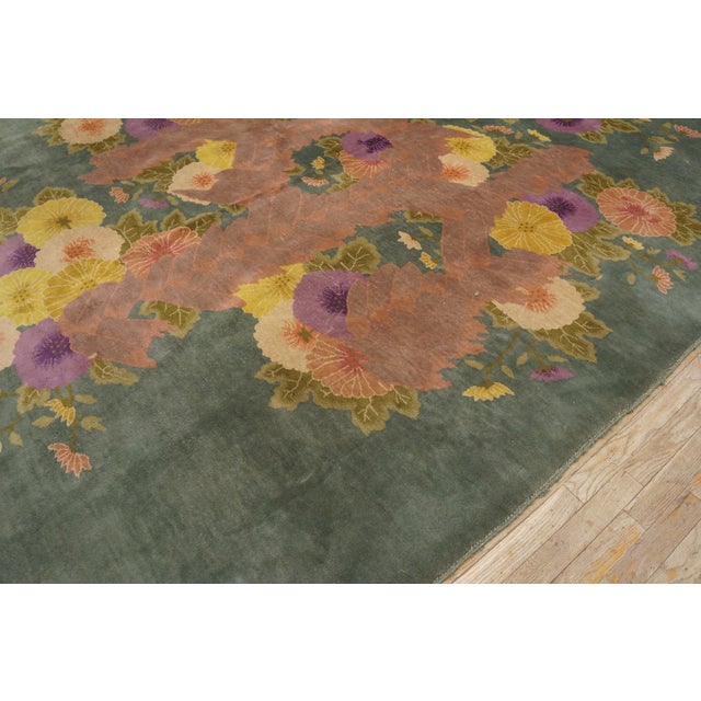 1920s Green Floral Modern Antique Chinese Art Deco Rug by Nichols Workshop 7'10''x9'2'' Wool Carpet For Sale - Image 4 of 12