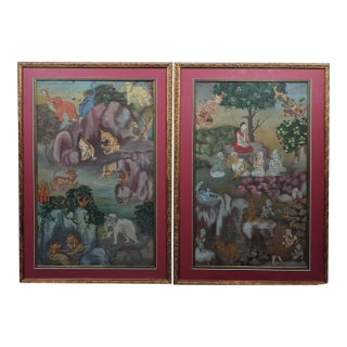 Late 20th Century Pair of Thai-Style Mythological Narrative Paintings on Cloth, Gilt Frames For Sale