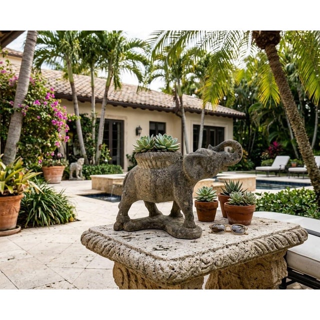 Vintage Weathered Cast Stone Elephant Garden Planter For Sale - Image 10 of 12