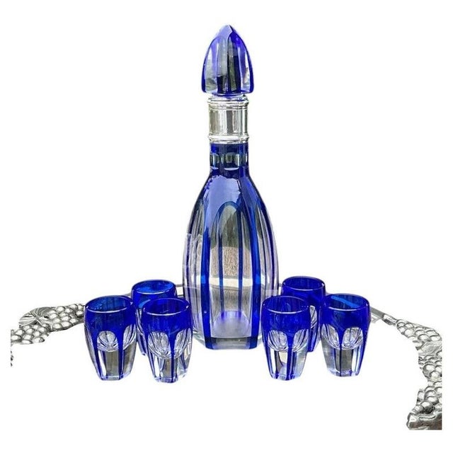 Baccarat Cobalt Cut-to-Clear Crystal and 950 Silver Liqueur Set, 1910, Set of 7 For Sale - Image 16 of 16