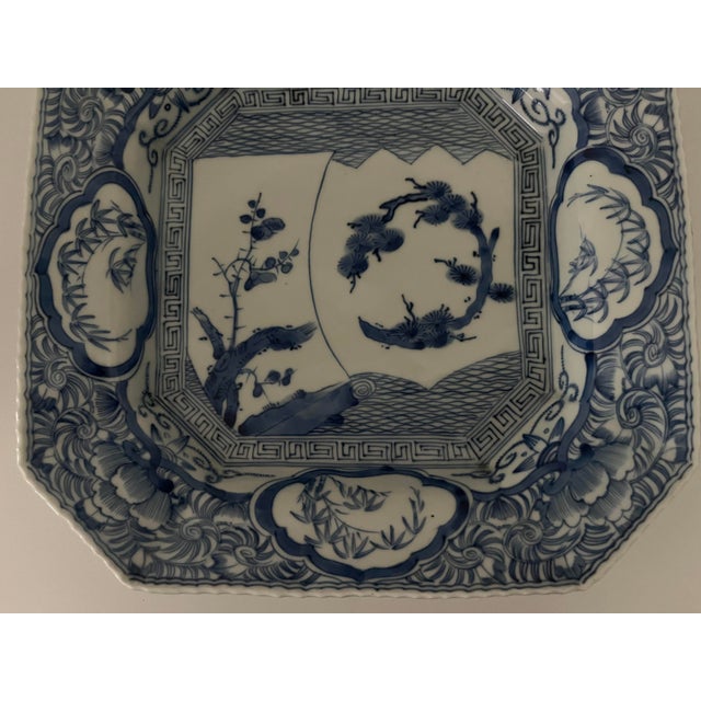 Antique Japanese Ko-Imari Blue and White Octagonal Plate With Landscape For Sale - Image 10 of 18