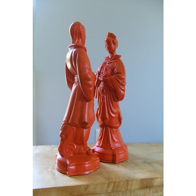 Pair of Vintage Orange/Vermilion Chalkware Emperor and Empress Statues From the Personal Collection of Artist Tawny Chatmon For Sale - Image 10 of 11
