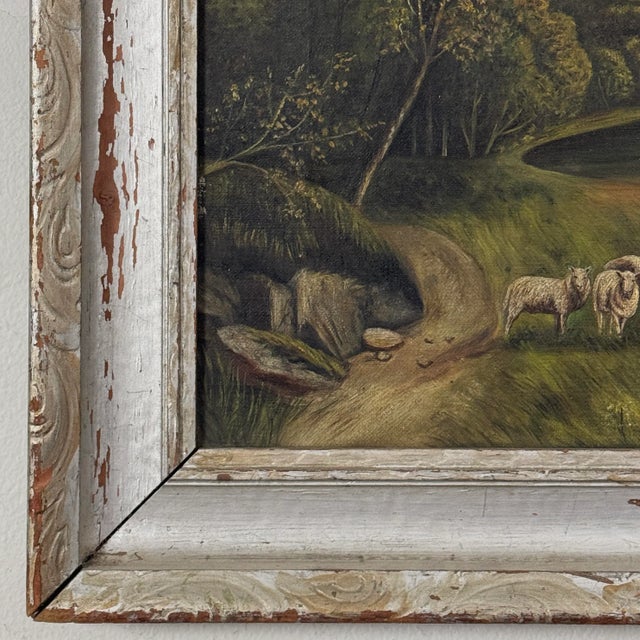 1920s Antique Folk Art Bucolic Landscape With Sheep and River, Signed (1928, Oil on Canvas) For Sale - Image 5 of 7